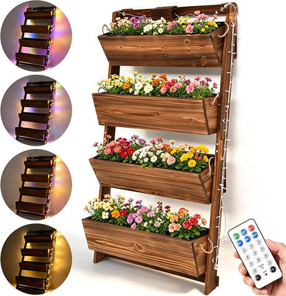 4-Tier Wooden Garden Raised Bed with 11-Mode LED Lights and Timer | 51"H Vertical Wall-Leaning Planter with Tilt-Out Boxes& Drainage Holes for Vegetables Herbs Flowers Patio