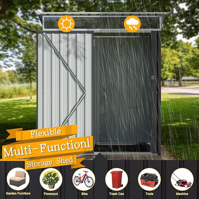 Shintenchi 5x3 FT Outdoor Storage Shed with Window, Outdoor Waterproof Storage Shed Metal Garden Shed with Lockable Single Door,Weather Resistant Tool Storage House Shed for Garden,Backyard,Steel Gray