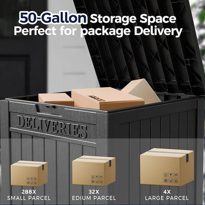 50-Gallon Package Delivery Boxes for Outside, Resin Storage Chest with Sign & Lockable Secure, Waterproof Package Drop Box with Pre-Installation Hole for Curbside, Porch, Black