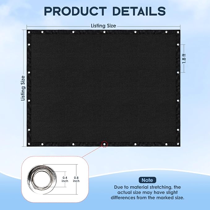 90% Sun Shade Cloth for Patio and Pergola, UV Protection HDPE Shade Net with Reinforced Edges and Grommets, Heat-Resistant Sunshade for Garden, Backyard, Deck, 6X12 FT