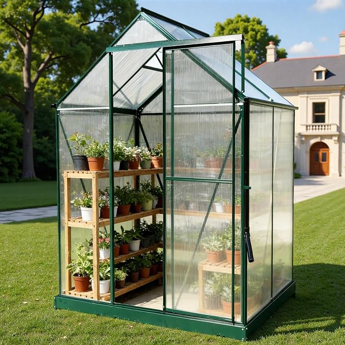 6x4 FT Greenhouse, Walk-in Polycarbonate Greenhouse, Heavy Duty Aluminum Outdoor Green House Kit with Sliding Door, Roof Vent, Rain Gutter for Backyard Garden All Season Growing, Green