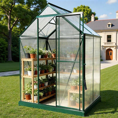 6x4 FT Greenhouse, Walk-in Polycarbonate Greenhouse, Heavy Duty Aluminum Outdoor Green House Kit with Sliding Door, Roof Vent, Rain Gutter for Backyard Garden All Season Growing, Green