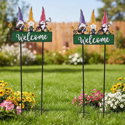 Spring Gnomes Decorations for Yard with Garden Welcome Sign, Large 43.3inch Musical Gnome Decorative Garden Stakes Metal Yard Art for Outdoor Lawn Decorations