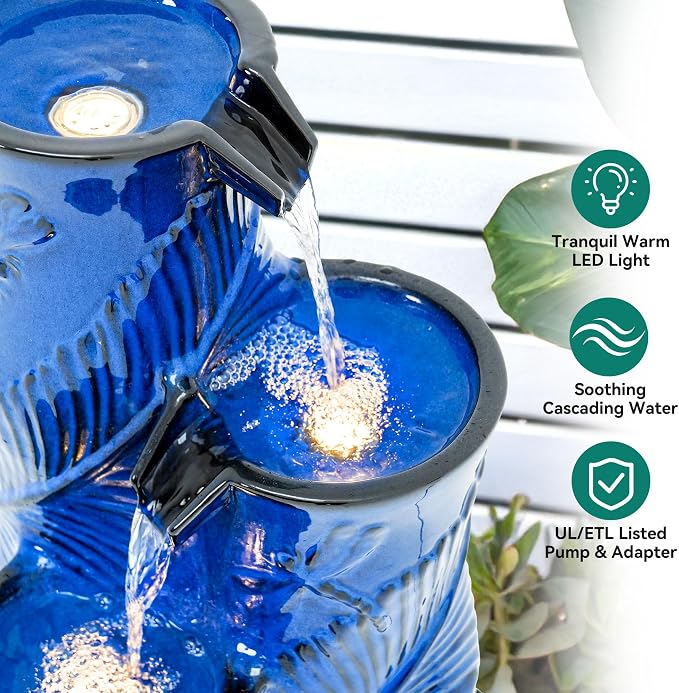 Autodaya 25.5" Ceramic Outdoor Water Fountain with LED Lights, Bamboo-Style | Unique Cobalt Blue Natural Leaf Dragonfly Texture Water Feature, 3-Tier Cascading Waterfall for Garden Patio Yard Relax Oasis
