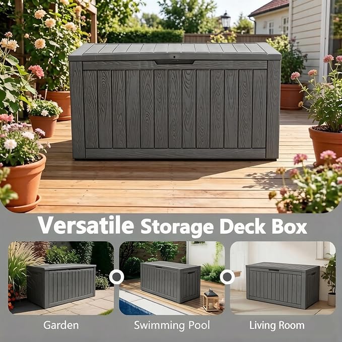 Outdoor Storage Box, 120 Gallon Resin Deck Boxes Outdoor Waterproof For Patio Furniture, Garden Tools, Pool Supplies, Lockable And UV Resistant (Striped Gray)