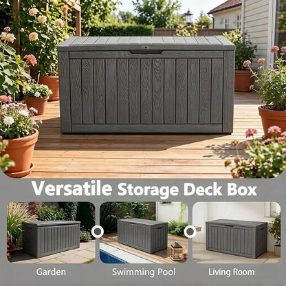 Outdoor Storage Box, 120 Gallon Resin Deck Boxes Outdoor Waterproof For Patio Furniture, Garden Tools, Pool Supplies, Lockable And UV Resistant (Striped Gray)