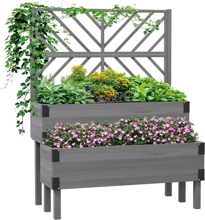 Outsunny 2-Tier Raised Garden Bed with Trellis, Wooden Elevated Planter Box with Drainage Holes, Liners, Metal Corners, Trellis Planter for Climbing Plants, Flowers, Herbs, 42.5" x 25.5" x 55", Gray