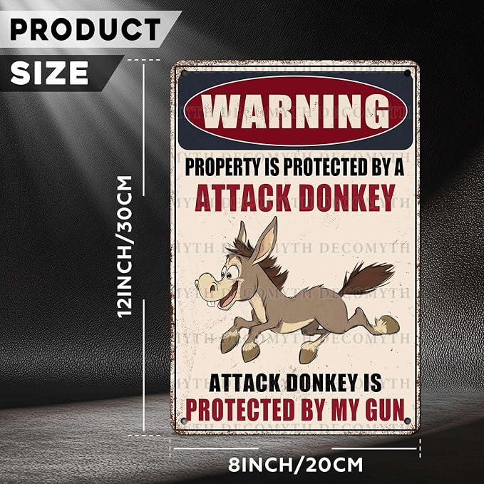 Metal Tin Sign Vintage Retro Wall Decor Warning Beware of Donkey Property Is Protected By a Attack Donkey Funny Tin Sign for Home Backyard Garden Patio 12 * 8inch