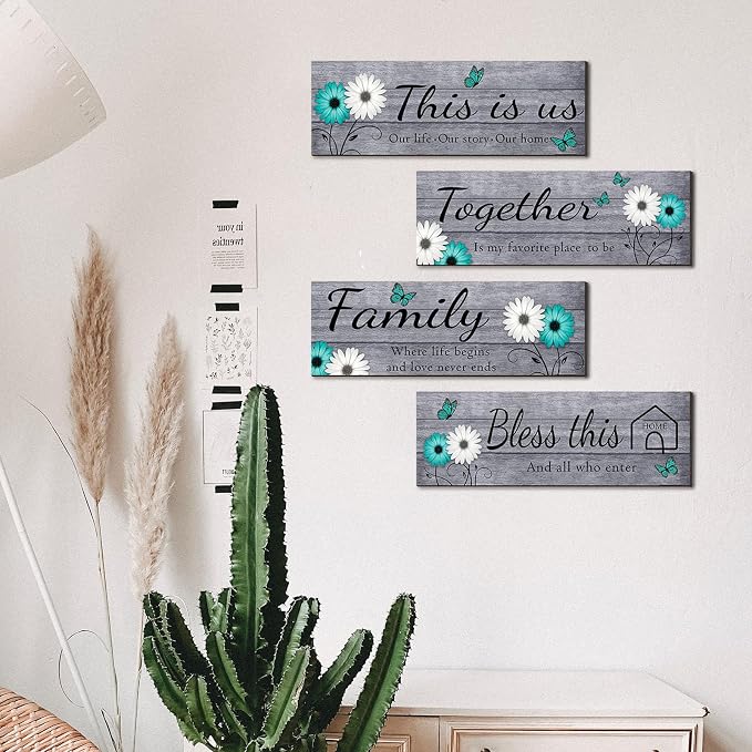 Joyhawk 4 Pcs Farmhouse Wall Decor with Teal Butterflies & Daisies, Rustic Wooden Signs Set (This is Us, Together, Family, Bless This Home), Grey Floral Wall Art for Living Room Bedroom, Housewarming Gift, 4.7" x 13.8"