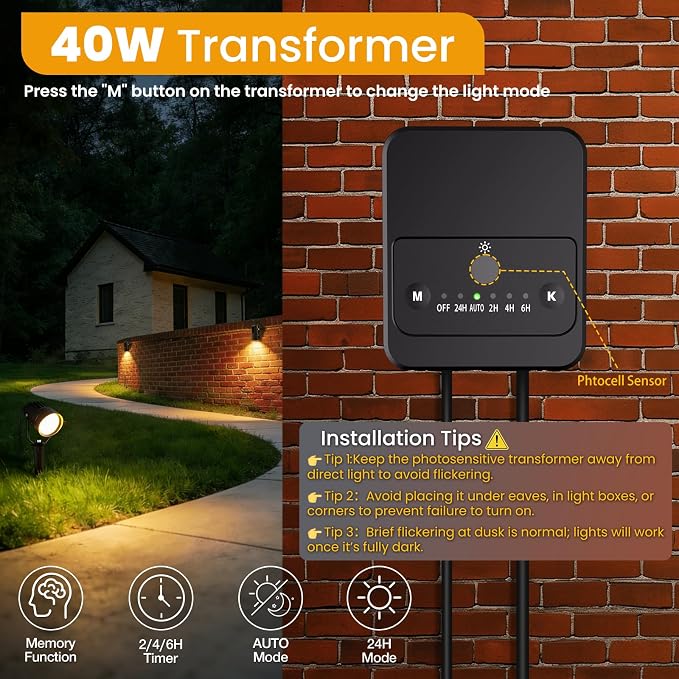 Landscape Lighting Kit, 6W Low Voltage Landscape Lights with Dusk to Dawn Transformer 33FT Wire, Waterproof Outdoor Landscape Lights 3000K 12-24V, Outdoor Spotlight for Yard House 4Pack