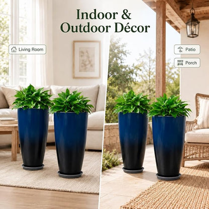 Neoaider Set of 2 Tall Planter, 21 inch Large Plastic Planter, Dark Blue | Ceramic-Look, Lightweight, Built-in Drain Hole, Saucers, Tall Outdoor Planter for Porch, Garden, Patio, Balcony