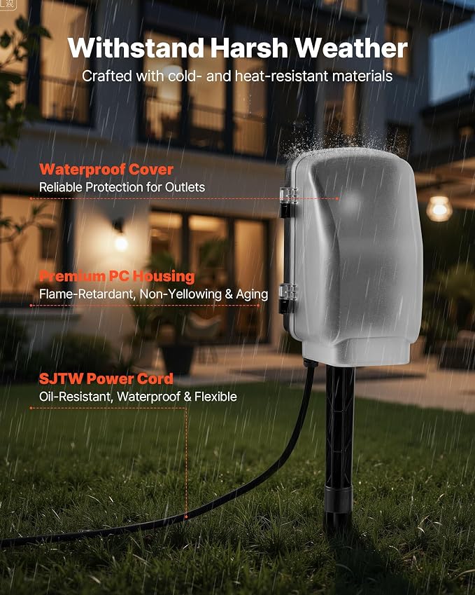 VEVOR Outdoor Power Stake Timer, 100FT Extension Cord, Remote Control Outdoor Power Strip with Cover, Dusk to Dawn Light Timer Waterproof, 6 Outlets for Halloween Christmas Lights, Garden Decorations