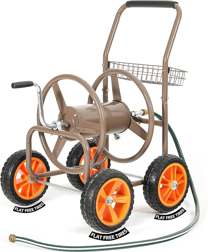 2026 Upgraded Hose Reel Cart with 10" NO-FLAT TIRES, Heavy Duty Industrial Tangle-Free Garden Water Hose Reel with Storage Basket, Holds 250 ft of 5/8" Hose, Heavy-Duty Steel Frame for Lawn Yard
