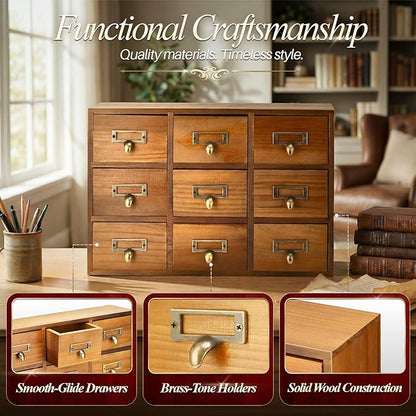 Flexzion Apothecary Cabinet with Drawers - 9 Vintage Drawers, Card Catalog Cabinet, Brown Wooden Tabletop Desktop Organizer for Home Office, Jewelry, Makeup, Tools & Small Item Storage