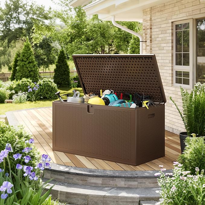 IDEALHOUSE 150 Gallon Resin Deck Box, Waterproof Outdoor Storage Box with Lockable Lid & UV Resistant, Patio Furniture Cushion Storage Container for Garden, Backyard, Poolside (Brown)