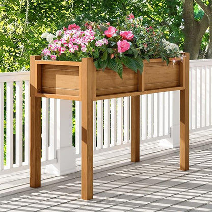 DWVO Raised Planter Box with Legs Raised Garden Bed HDPE Poly Wood Weather-Resistant Elevated Garden Bed with Drainage System Planter Boxes Outdoor for Herbs Vegetables Flowers, Teak