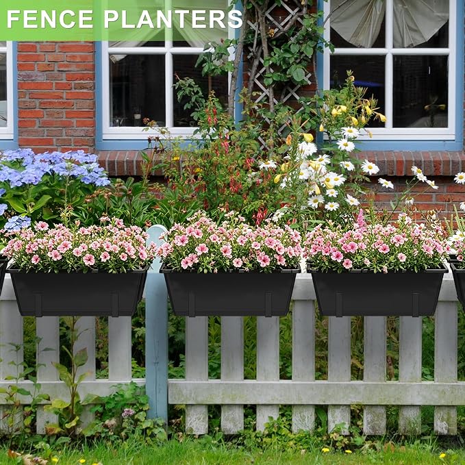 Railing Planter Box Adjustable Window Boxes Planters Set of 2, Black Hanging Balcony Planters with Removable Brackets, 17 Inch Outdoor Plastic Flower Pots for Fence, Deck Railing, Porch, Patio Garden