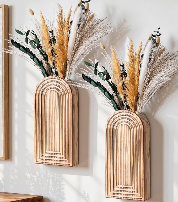 DREAMLOOM 2 Pack Wooden Wall Vases with Dried Pampas Grass and Eucalyptus Plants, Wall Hanging Planters Boho Modern Farmhouse Indoor for Narrow Spaces Entryway Bathroom Home Office Decoration, Brown