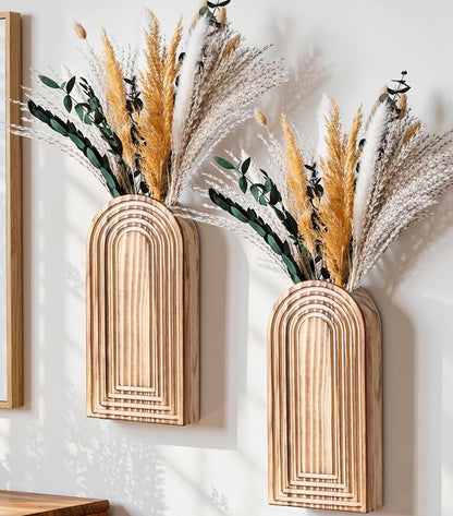 DREAMLOOM 2 Pack Wooden Wall Vases with Dried Pampas Grass and Eucalyptus Plants, Wall Hanging Planters Boho Modern Farmhouse Indoor for Narrow Spaces Entryway Bathroom Home Office Decoration, Brown