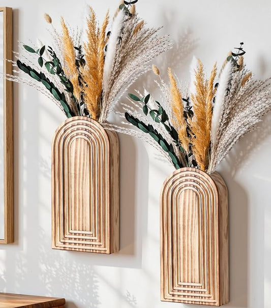 DREAMLOOM 2 Pack Wooden Wall Vases with Dried Pampas Grass and Eucalyptus Plants, Wall Hanging Planters Boho Modern Farmhouse Indoor for Narrow Spaces Entryway Bathroom Home Office Decoration, Brown