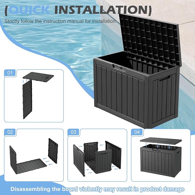 Outdoor Storage Box, 55 Gallon Resin Deck Boxes Outdoor Waterproof For Patio Furniture, Garden Tools, Pool Supplies, Lockable And UV Resistant (Striped Black)
