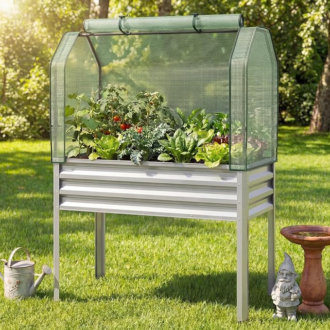 Giantex Raised Garden Bed with Legs & Greenhouse Cover, 44x22x60 Elevated Metal Planter Box with Roll-up Door, Outdoor Mini Greenhouse for Vegetable Flower Herb Patio Balcony (Silver,1)