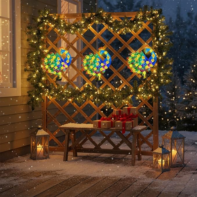 Metal Peacock Outdoor Wall Decor with 30 Led Solar Lights- 13.8" Outdoor Fence Wall Art Decor, Gift for Mom Grandma Women Birthday Gardening,Hanging Decoration for Garden Patio Porch Yard
