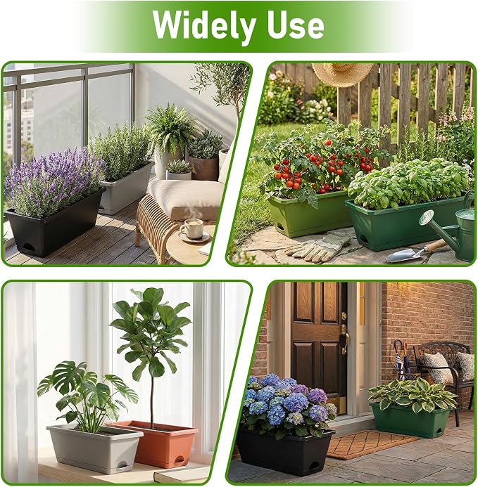 7 Pack Outdoor Planters, Plastic Rectangular Flower Pots with Saucers and Gardening Tools, 17 Inches for Indoor/Outdoor Plants, Herbs, Vegetables, Includes Trowel, Waterproof Mat & Gloves(Offwhite)