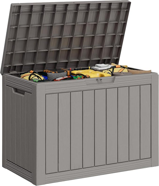 Outdoor Storage Box, 45 Gallon Resin Deck Boxes Outdoor Waterproof For Patio Furniture, Garden Tools, Pool Supplies, Lockable And UV Resistant (Striped Gray)