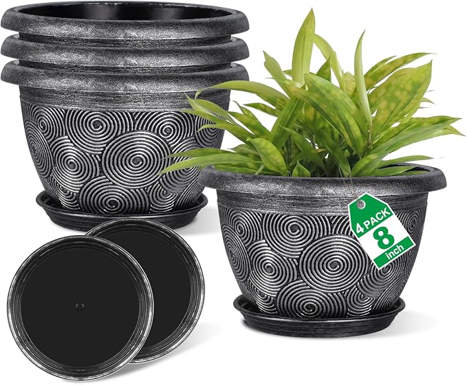8-Inch-Plastic -Pots-for -Plant with Saucer, 4 Pack Outdoor Planters with Drainage Holes, Decorative Flower Pots for Indoor Plants, Modern 3D Swirl Silver Plant Pots with with Removable Tray