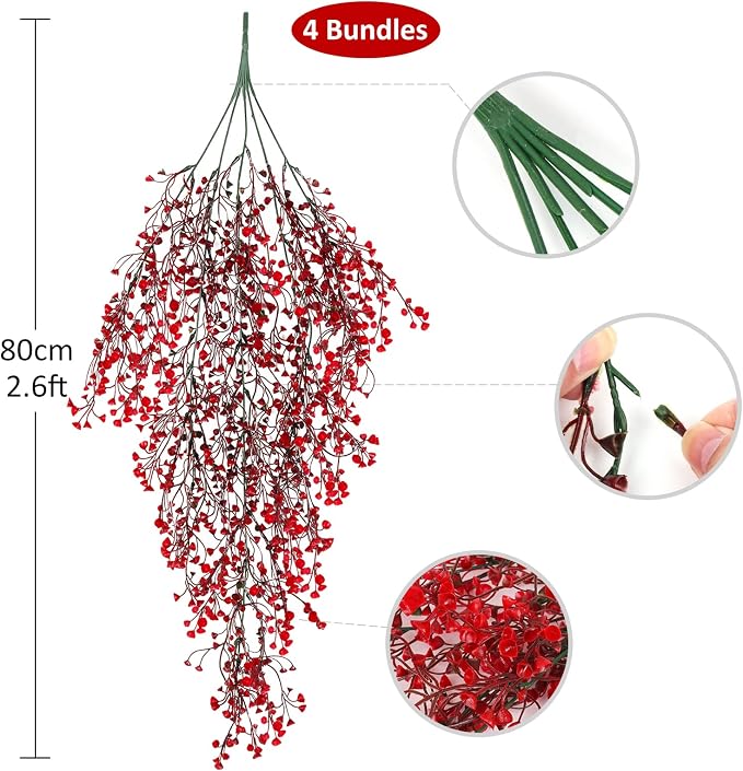 RECUTMS 4 Pcs Faux Hanging Vines Ferns Artificial Hanging Plants Fake Ivy Wall Plants Decoration for Summer Indoor Outdoor Patio Garden Wedding Graduation Balcony Christmas Party Home(Red)