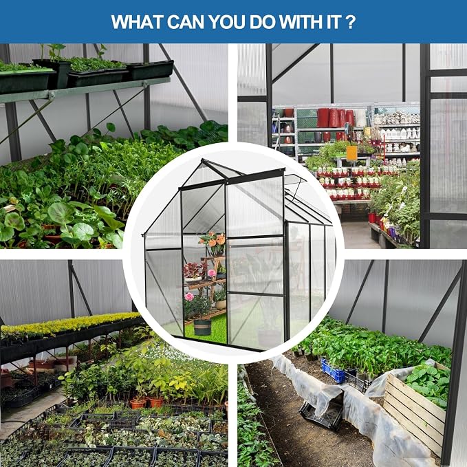 6x8 FT Greenhouse, Walk-in Polycarbonate Greenhouses with Sliding Doors, Aluminum Frame, Adjustable Roof Vent, Raised Base & Anchor, Outdoor Backyard Greenhouse for All Seasons, Black