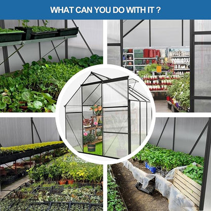 6x8 FT Greenhouse, Walk-in Polycarbonate Greenhouses with Sliding Doors, Aluminum Frame, Adjustable Roof Vent, Raised Base & Anchor, Outdoor Backyard Greenhouse for All Seasons, Black