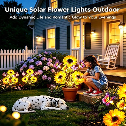 Solar Lights Outdoor Decorative, Upgraded 4 Pack Flowers with 16 Butterflies, Brighter Waterproof Garden Decor for Yard Lawn Pathway, Mom Women Grandma Gift