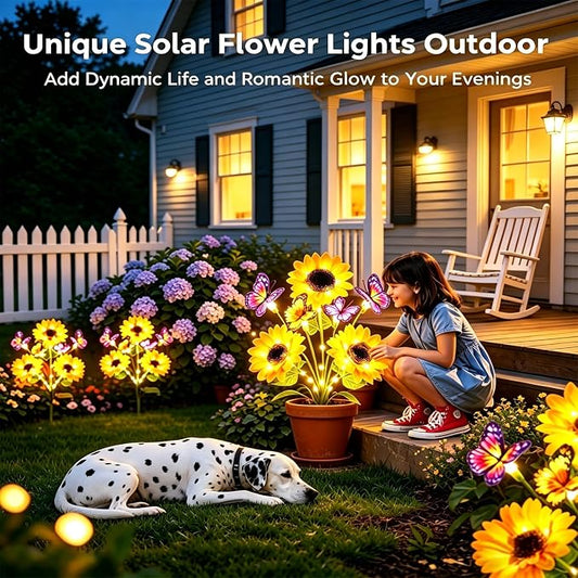 Solar Lights Outdoor Decorative, Upgraded 4 Pack Flowers with 16 Butterflies, Brighter Waterproof Garden Decor for Yard Lawn Pathway, Mom Women Grandma Gift