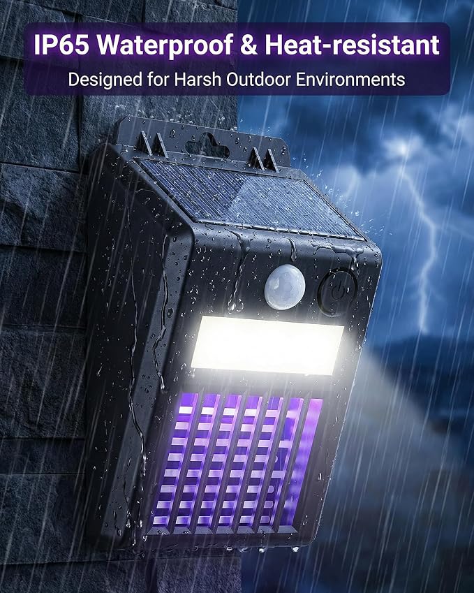 Solar Bug Zapper Outdoor - 2-in-1 Waterproof Cordless Mosquito Zapper with 3 Modes, Motion Sensor Light & UV Light, Rechargeable Mosquito Killer Lamp for Patio Yard Garden