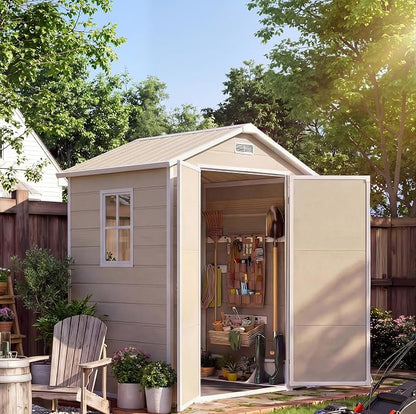 6x4 ft Outdoor Resin Storage Shed with Floor, Lockable Door & Window, Sloping Roof, Plastic Outdoor Sheds with Floor Garden Shed for Backyard Patio Lawn Mower Bike Tool Storage