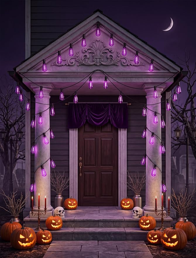 25FT Halloween Purple ST38 LED Outdoor String Lights with 25 Orange Edison Bulbs, Connectable Waterproof Hanging Patio Lights for Halloween, Thanksgiving, Backyard, Porch, Party Decor