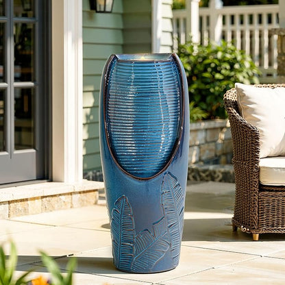 32" H Outdoor Garden Fountain with LED Lights, Modern Ceramic Jar Water Fountain, 3D Tropical Leaf Pattern, Teal Blue Glaze, Soothing Cascading Waterfall for Relaxing Patio, Yard, Porch
