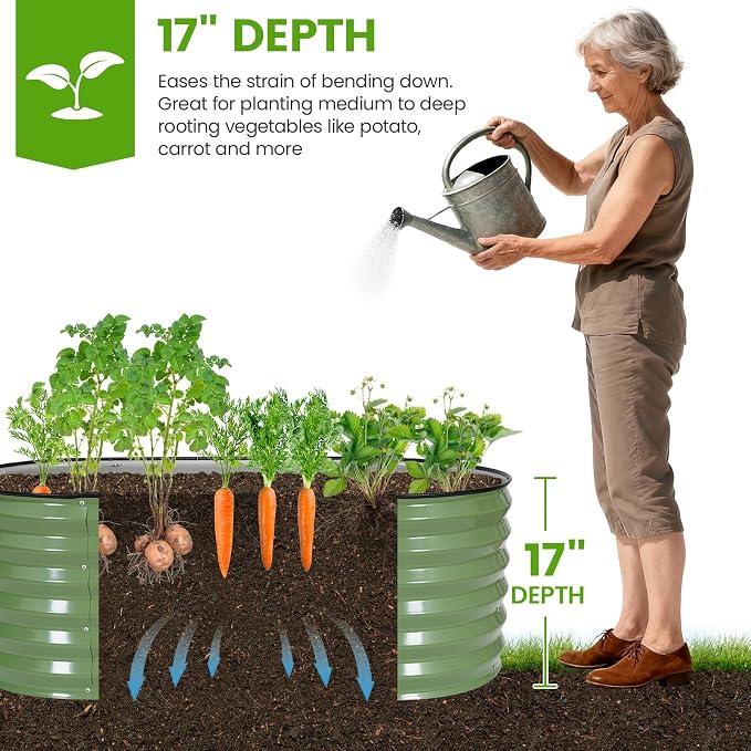 Galvanized Raised Garden Bed Outdoor |17'' Tall Planter Box Outdoor for Deep Root Plants | 3Pcs Raised Bed Kit for Gardening with Rubber Strip for Vegetables Flowers Fruits (Olive Green, 4x2x1.4FT)