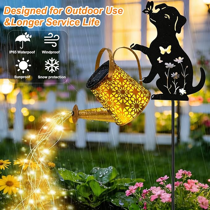 VOOKRY Solar Lights Outdoor,Watering Can with Dog Silhouette Stake | Garden Gifts for Mom,Women&Garden Lovers Waterproof Metal Garden Water kettle,Decorative Yard Patio Lawn Pathway Decor(2Pack)