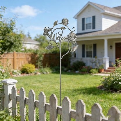 Decorative Garden Stakes with Welcome Sign,Metal Garden Stakes Yard Decor | 56"H Metal Flower Outdoor Yard Decoration,Lawn and Flower Bed Outdoor Garden Decor