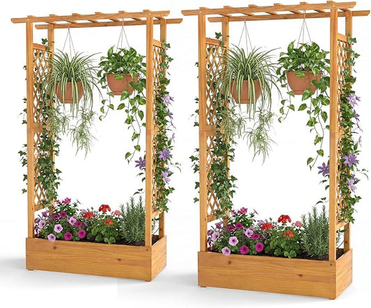 Happygrill 70" Raised Garden Bed with Trellis, 2 Pack Wood Planter Box w/Hanging Roof, 2 Side Trellises, Open-Ended Base for Flower, Climbing Plant, Plant Container for Garden