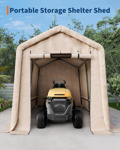 7X10 Ft Heavy-Duty Portable Outdoor Storage Shed with Roll-Up Door & Vent, 240g Waterproof PE Tarp & UV Protection, Carport Storage Shelter for Motorcycles, Firewood, Garden Tools - Khaki