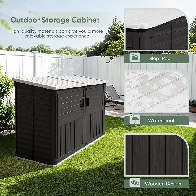 Devoko Resin Outdoor Storage Shed, 34 Cu Ft Outdoor Storage Cabinet with Shelf, Waterproof, Double Locks, Resin Storage for Trash Can, Garden Tools, Pool Supplies (Black)