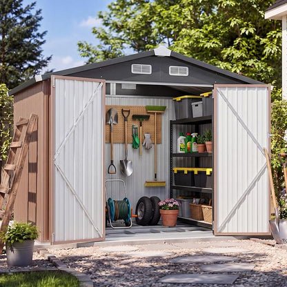 8x6FT Outdoor Storage Shed Brown | Metal Garden Tool Shed with Sloping Roof & Lockable Door for Garden, Patio, Backyard
