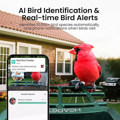 HEAPETS Bird Feeder with Camera Solar Powered, 3K HD Video, AI Bird Recognition, Auto Capture with Instant Notifications, IP65 Weatherproof, Gifts for Seniors Bird Watchers, Brown