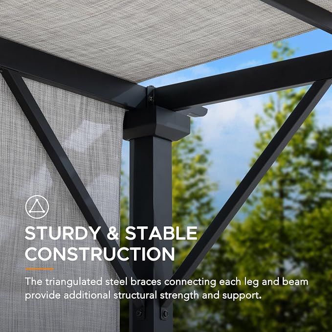 Sunjoy 9 x 9 ft. Pergola, Outdoor Patio Matte Black Steel Classic Frame Pergola with Retractable White Canopy Shade for Backyard, Garden Activities, Light Gray