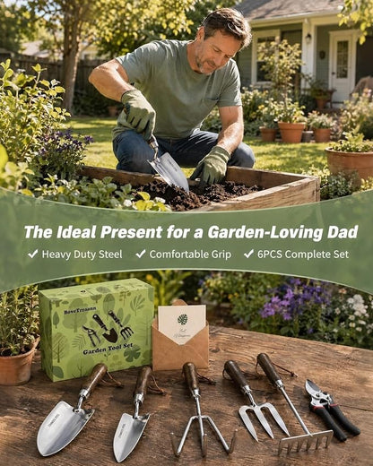 Garden Tool Set, 6PCS Heavy Duty Stainless Steel Gardening Hand Tools with Ropes, Includes Hand Cultivator Shovel Trowel Transplanter 2-in-1 Hoe Pruner, Ideal Gardening Gifts for Women Men (Upgrade)