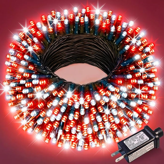 100FT 300 LED Christmas Lights Outdoor, Plug in Christmas Tree Lights Waterproof, 8 Modes String Lights for Outside House Patio Xmas Garden Party Holiday Decorations, Red and White